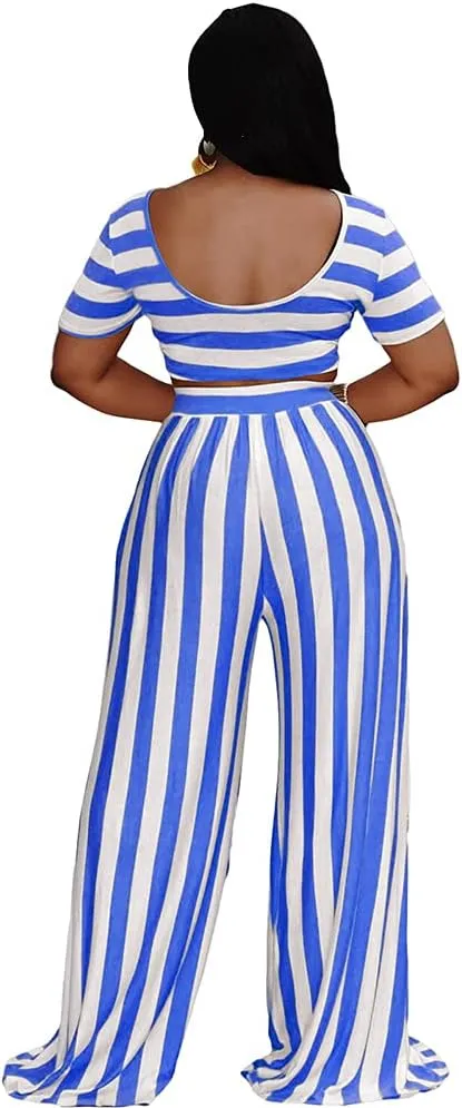 2 Piece Outfits for Women Sexy Backless Short Sleeve Crop Top High Waist Wide Leg Long Pant Sets Tracksuit Sport Set