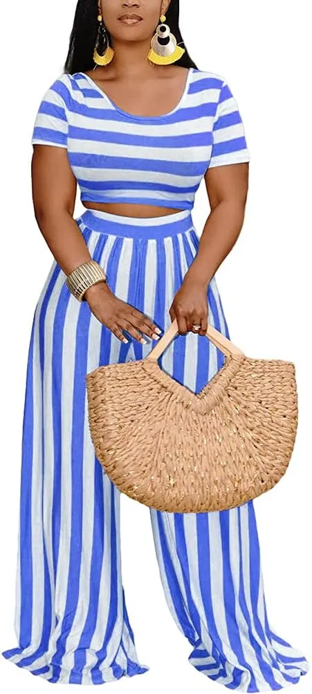 2 Piece Outfits for Women Sexy Backless Short Sleeve Crop Top High Waist Wide Leg Long Pant Sets Tracksuit Sport Set