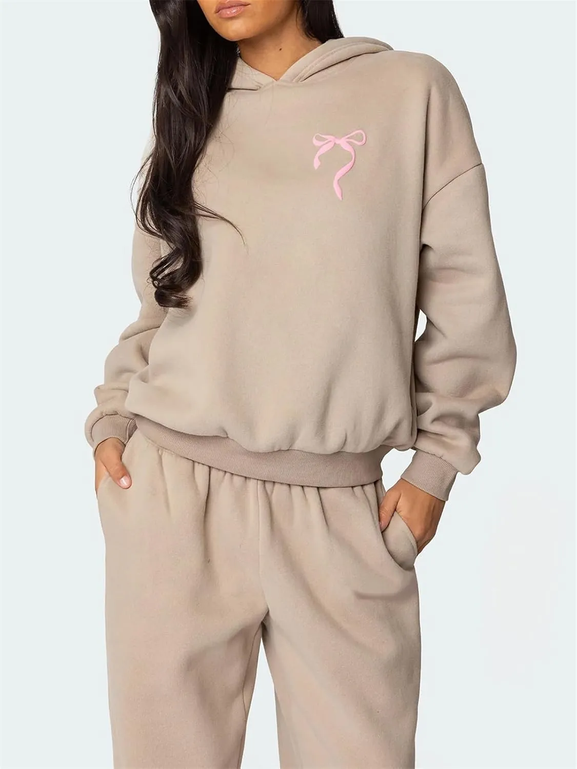 2 Piece Sweat Sets for Women Bow Sweatsuits Oversized Long Sleeve Hoodie Sweatshirt Sweatpants Y2K Track Suits Outfit