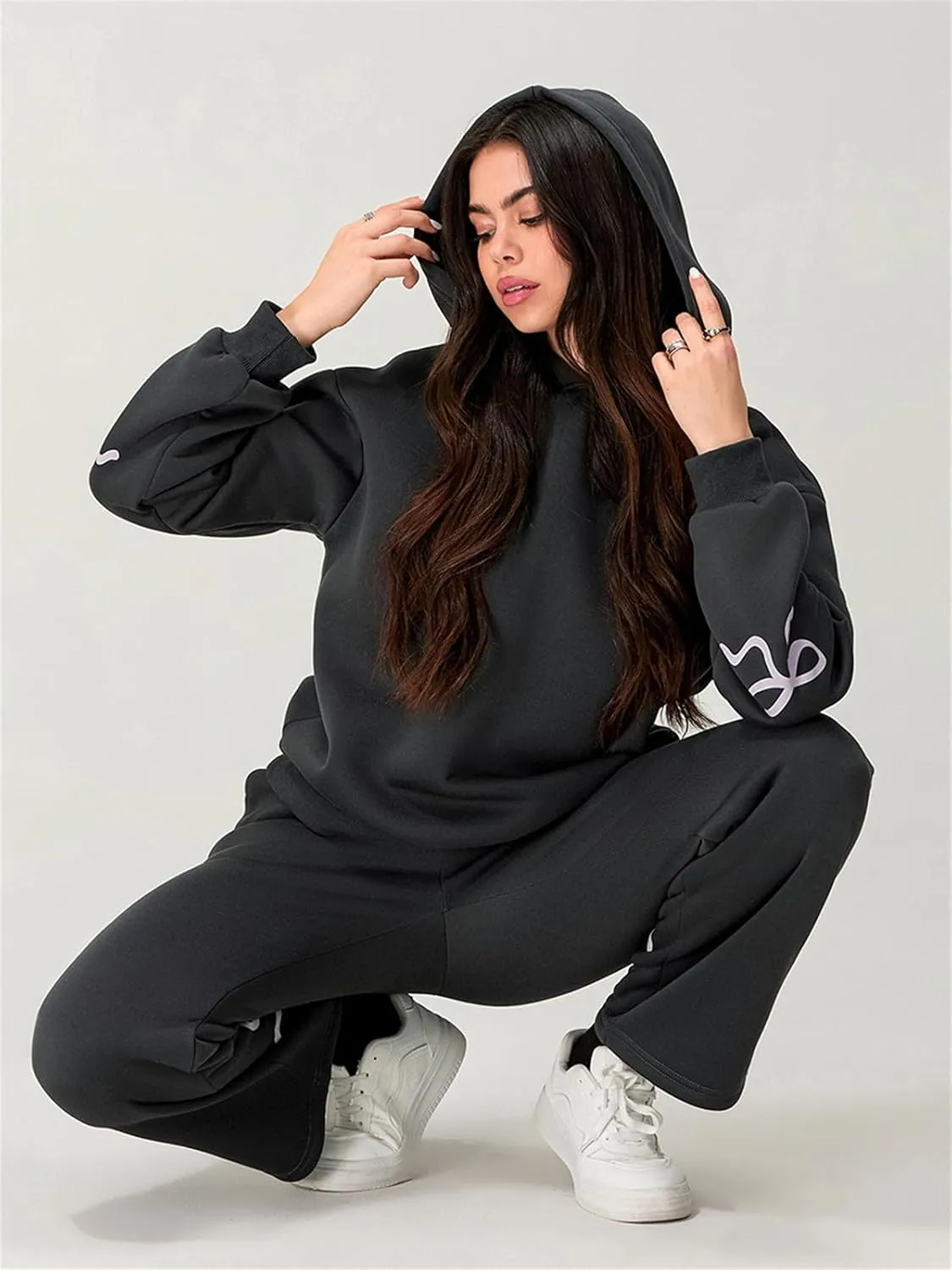 2 Piece Sweat Sets for Women Bow Sweatsuits Oversized Long Sleeve Hoodie Sweatshirt Sweatpants Y2K Track Suits Outfit