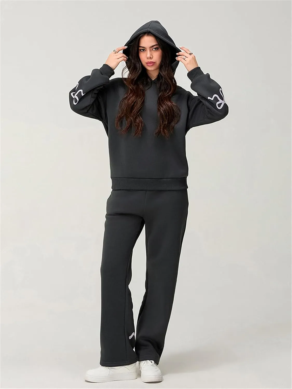 2 Piece Sweat Sets for Women Bow Sweatsuits Oversized Long Sleeve Hoodie Sweatshirt Sweatpants Y2K Track Suits Outfit