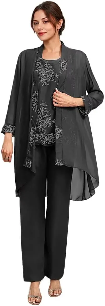 3 Pcs Mother of The Bride Dresses Pantsuit for Wedding 3/4 Sleeves Chiffon Formal Pants Outfit with Jacket
