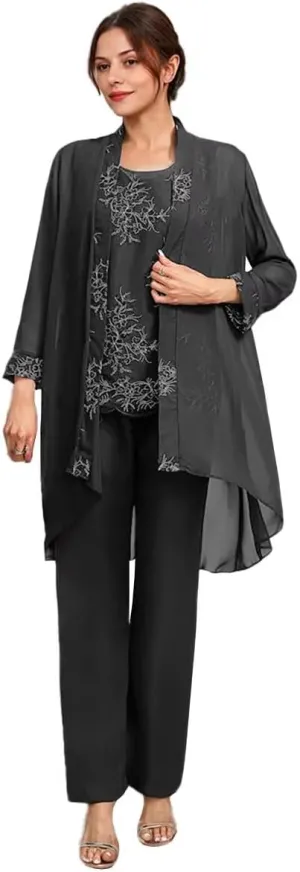 3 Pcs Mother of The Bride Dresses Pantsuit for Wedding 3/4 Sleeves Chiffon Formal Pants Outfit with Jacket