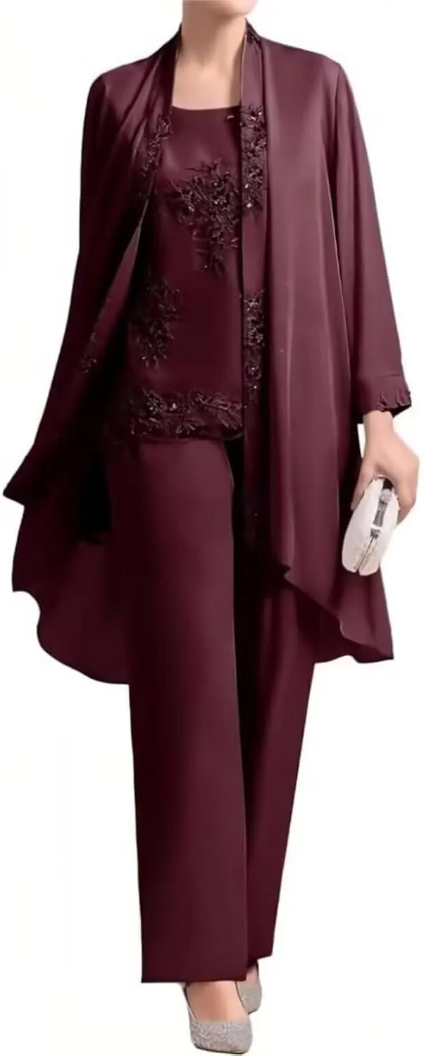 3 Piece Mother of Bride Pant Suits Elegant Chiffon Sets Plus Size Lace Formal Wedding Guest Outfit with Jacket