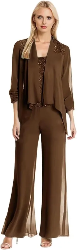 3Pcs Mother of The Bride Dresses Pantsuit for Wedding Long Sleeve Chiffon Formal Outfit with Sequins