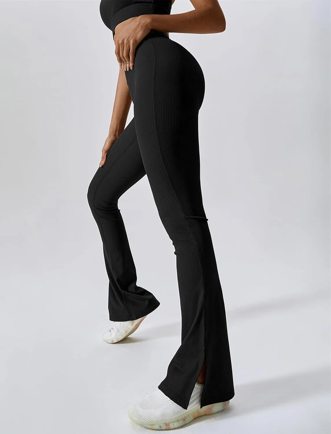 ABOCIW Women Ribbed Seamless Slit Hem Flared Leggings High Waist Bootcut Yoga Pants Tummy Control Workout Bootleg Pants