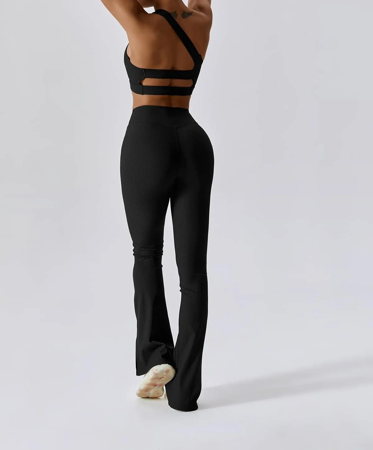 ABOCIW Women Ribbed Seamless Slit Hem Flared Leggings High Waist Bootcut Yoga Pants Tummy Control Workout Bootleg Pants