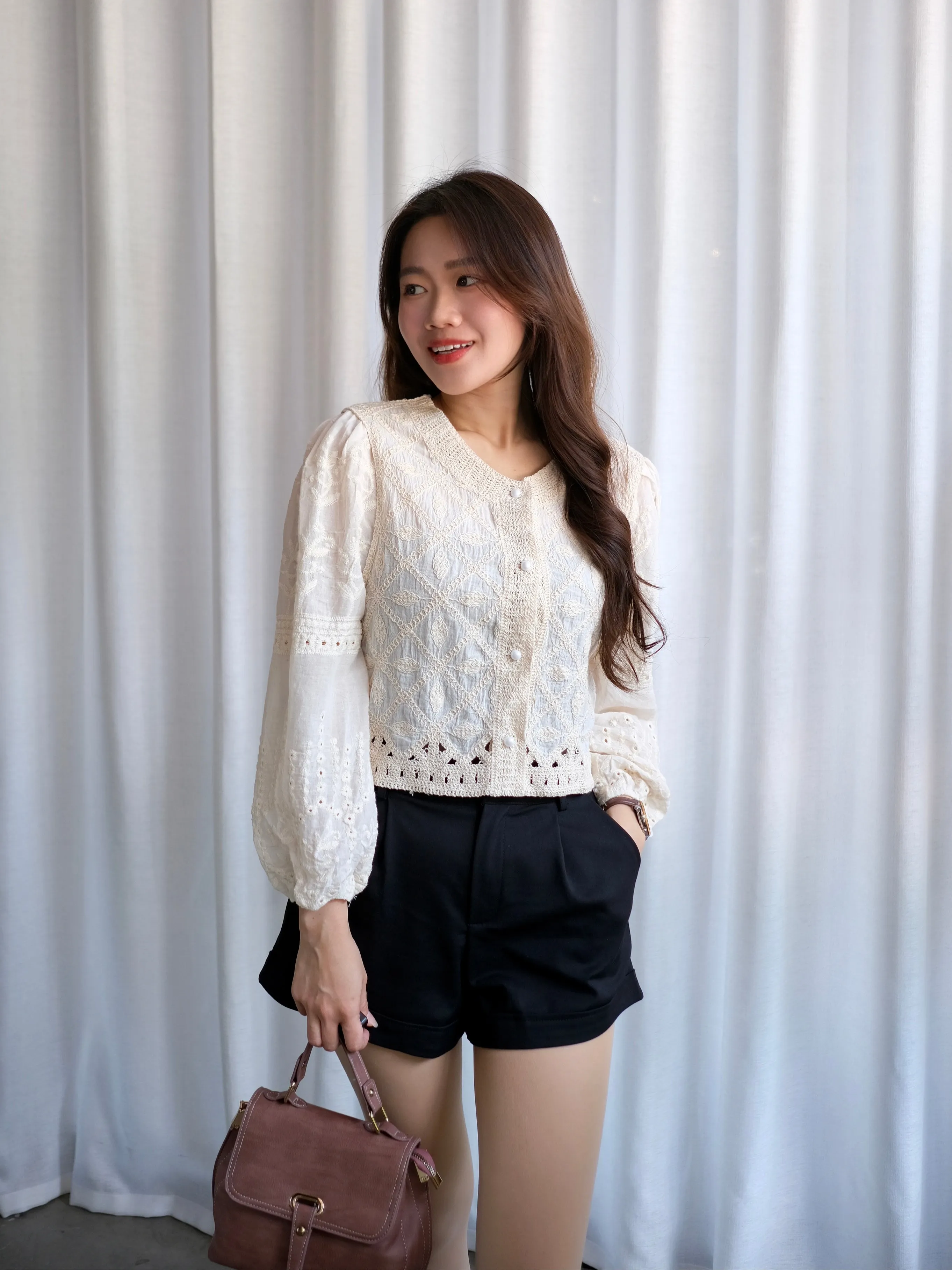ACEWIN Puff Long Sleeve Crochet Embroidery Cardigan (Free Size) 200704