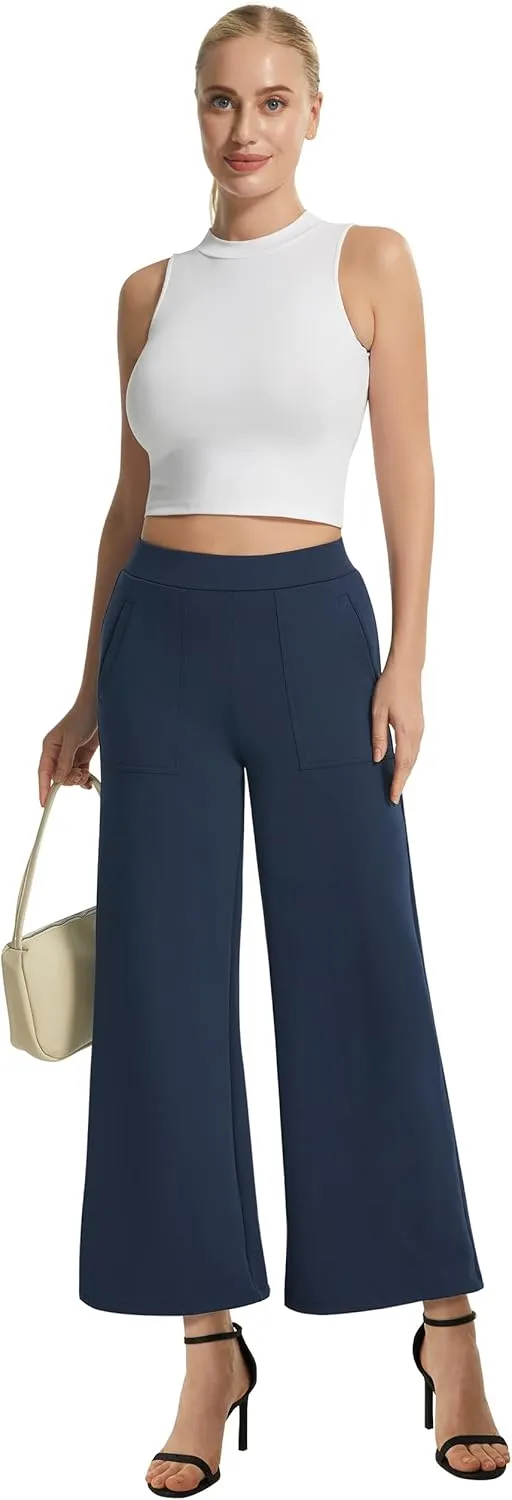 AFITNE Women's Wide Leg Yoga Dress Pants High Waist Stretchy Pull On Work Pants Cropped Casual Lounge Ankle Pants