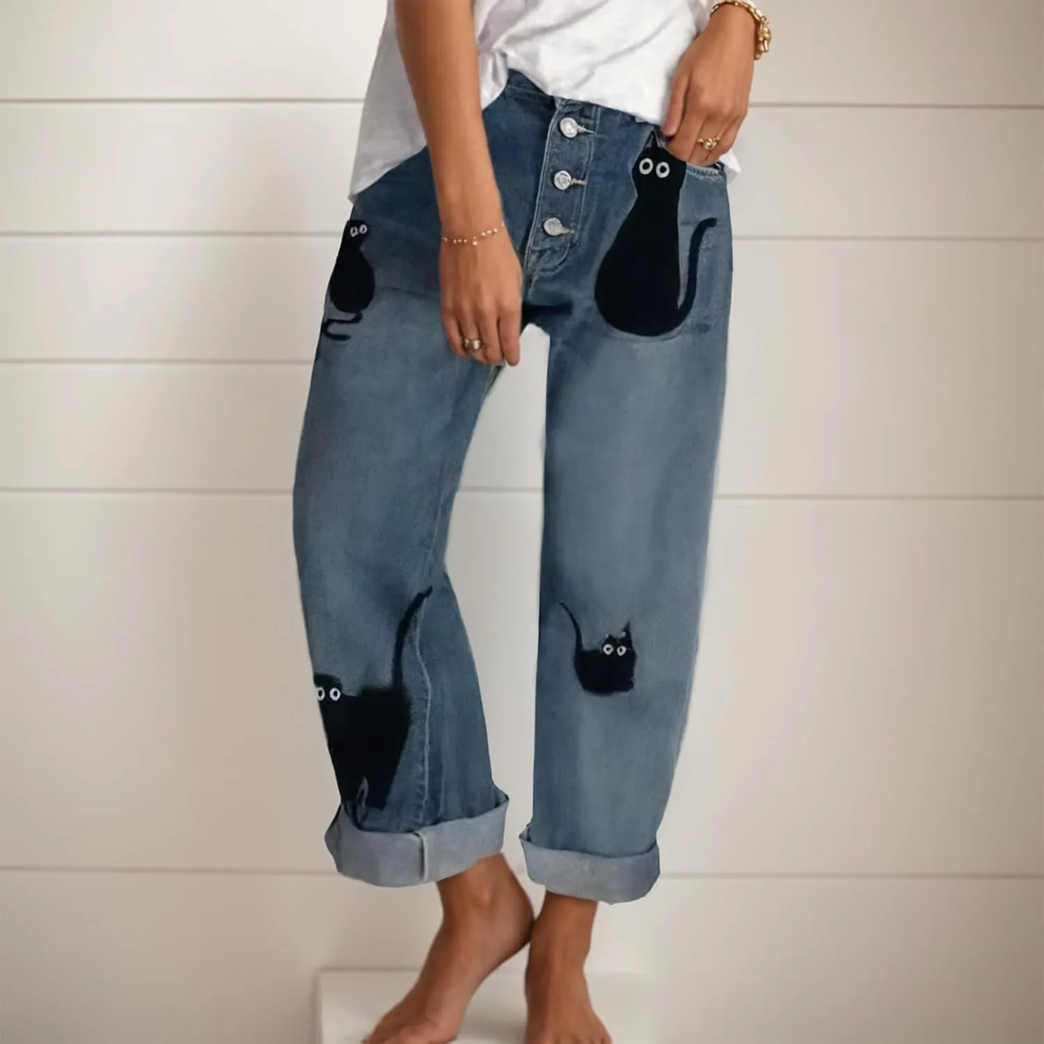 Akivide Women's Baggy Ankle Jeans Casual Loose Straight Leg Button Boyfriend Cropped Cute Denim Pants