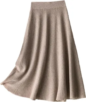 Alloaone Women's 100% Wool Skirt Winter Fashion Knitted Pleated Knit Sweater Midi Skirts