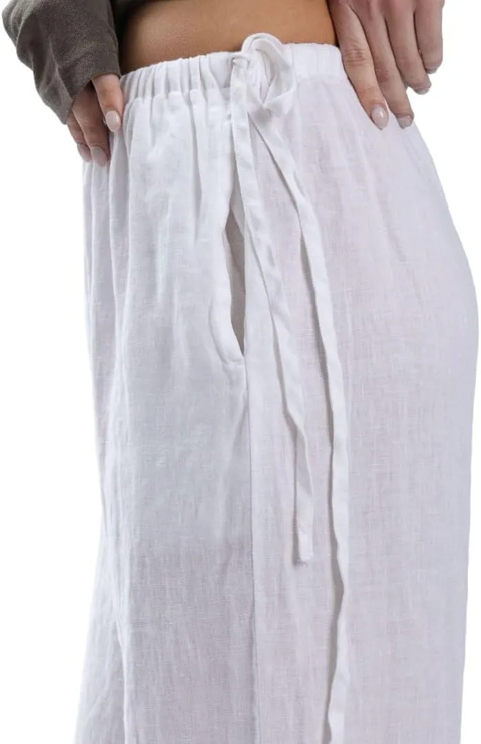 Amazhiyu Women's 100% Linen Wide-Leg Pants Summer Casual Lounge Palazzo Pockets