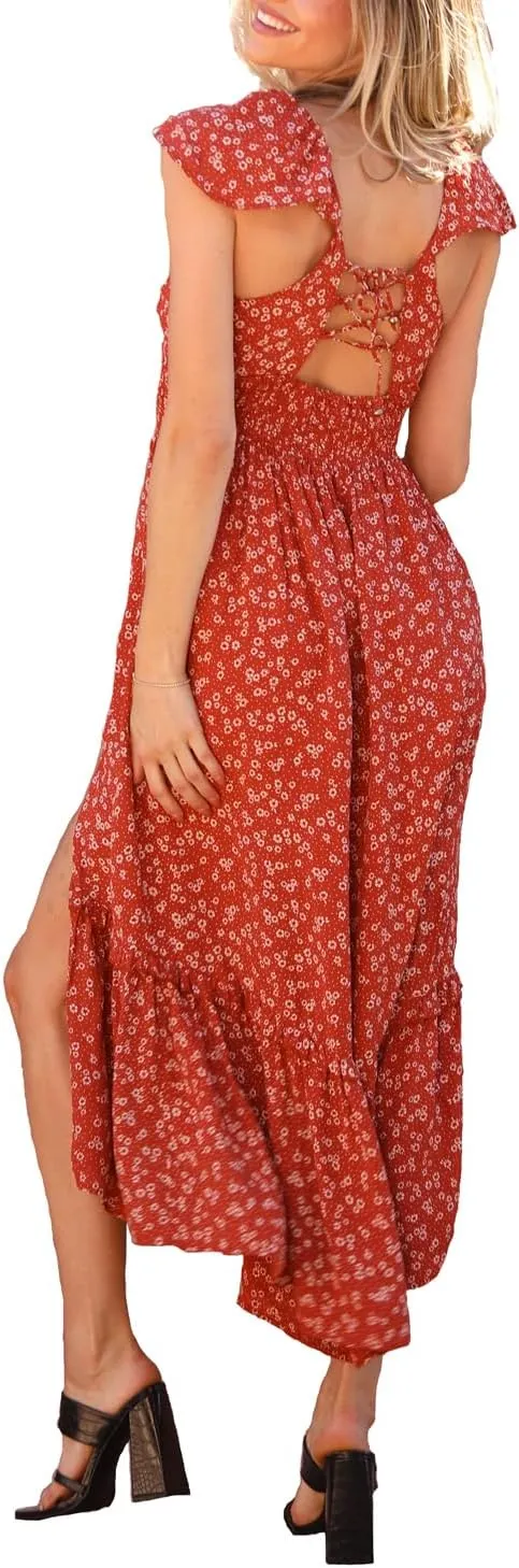 Angie Women's Flutter Sleeve and Smocking Maxi Dress