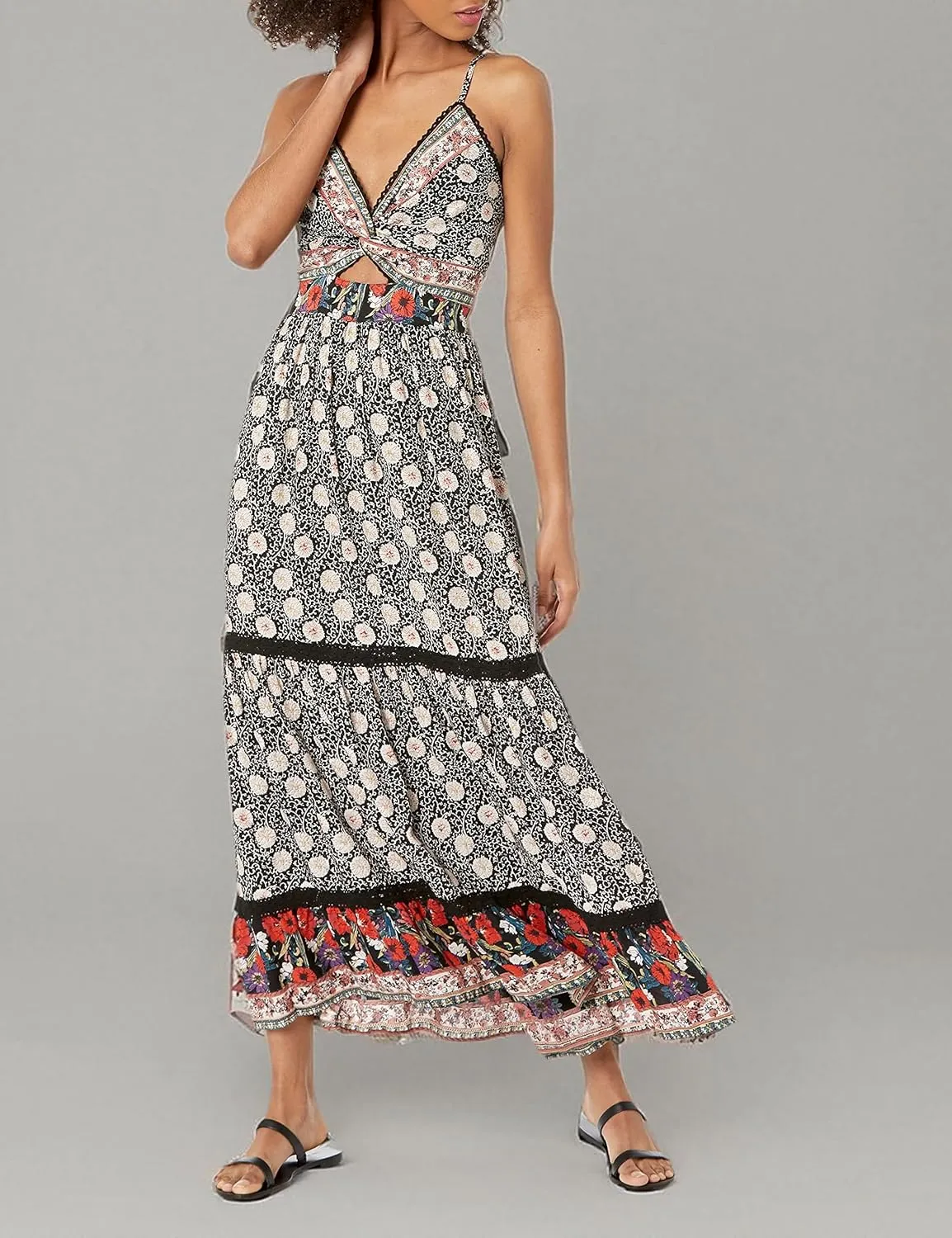 Angie Women's Spag Strap Deep Vneck Maxi Dress with Center Cutout