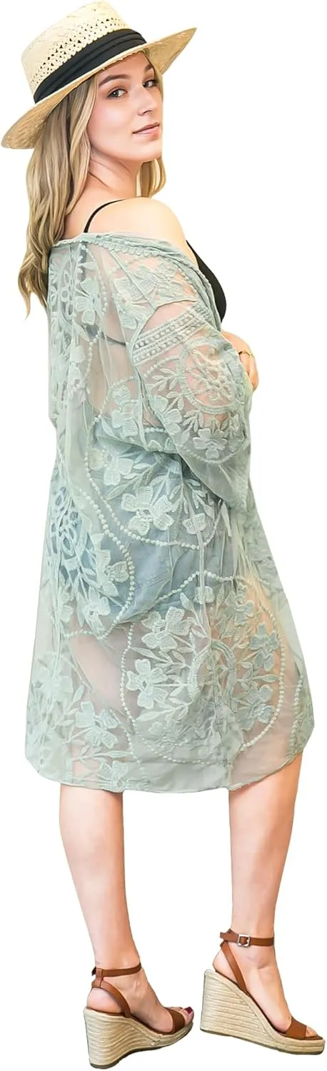 Anna-Kaci Women's Long Embroidered Lace Kimono Half Sleeve Cover Up Cardigan