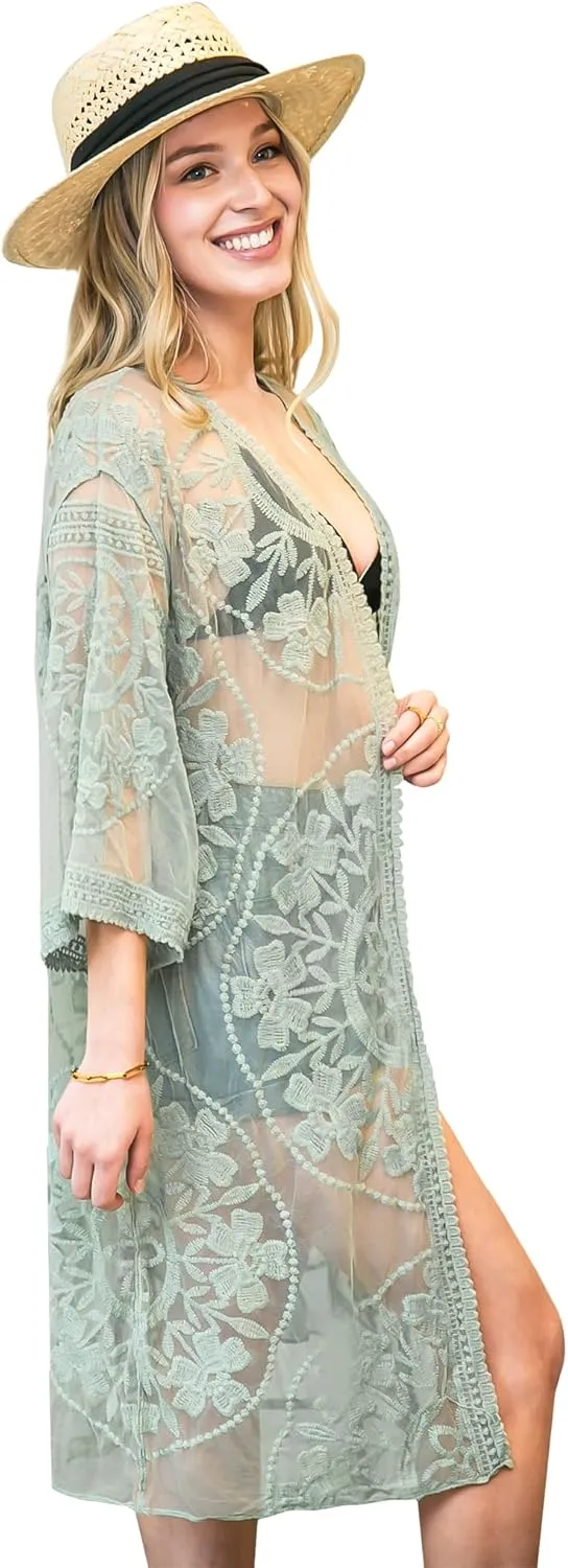 Anna-Kaci Women's Long Embroidered Lace Kimono Half Sleeve Cover Up Cardigan