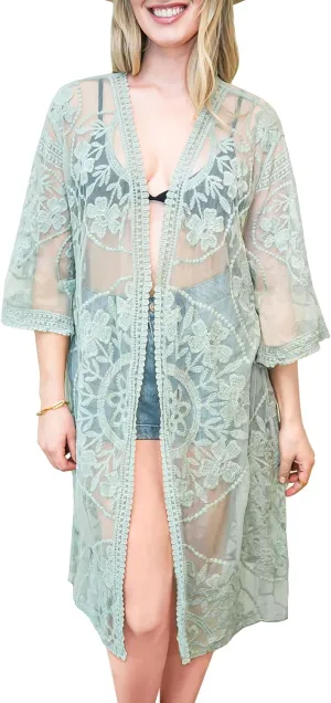 Anna-Kaci Women's Long Embroidered Lace Kimono Half Sleeve Cover Up Cardigan