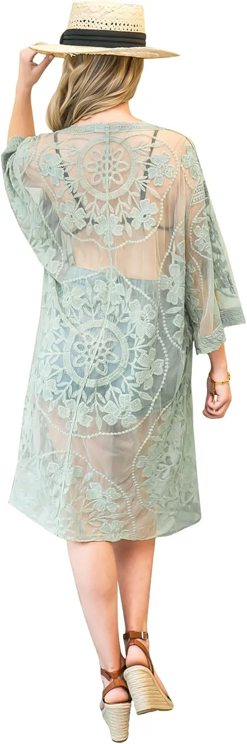 Anna-Kaci Women's Long Embroidered Lace Kimono Half Sleeve Cover Up Cardigan
