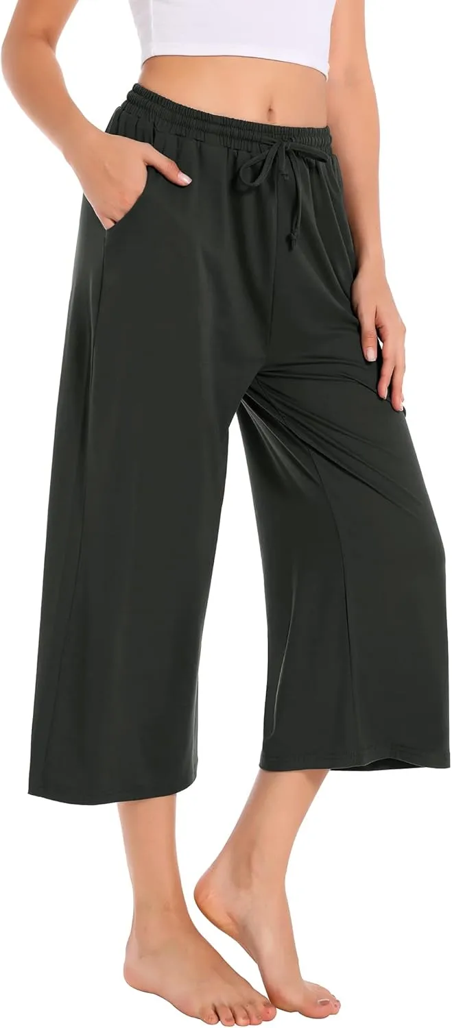 Annenmy Womens Capri Yoga Pants Wide Leg Gym Shorts Quick Dry Drawstring Pants Loose Workout Capris Sweatpants with Pockets