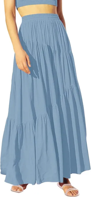 ANRABESS Womens Boho Elastic High Waist Pleated A-Line Flowy Swing Asymmetric Tiered Maxi Long Skirt Dress with Pockets