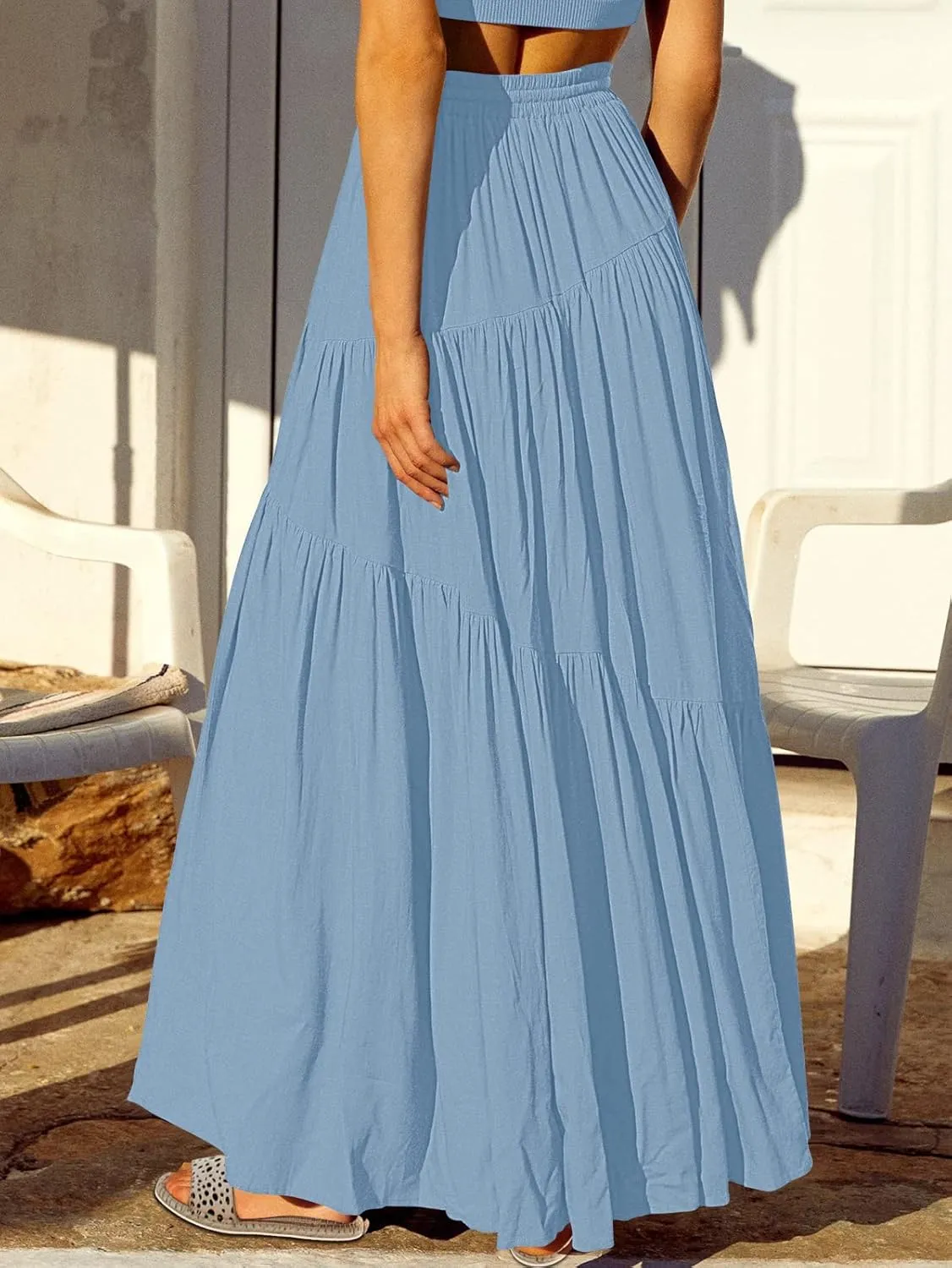 ANRABESS Womens Boho Elastic High Waist Pleated A-Line Flowy Swing Asymmetric Tiered Maxi Long Skirt Dress with Pockets