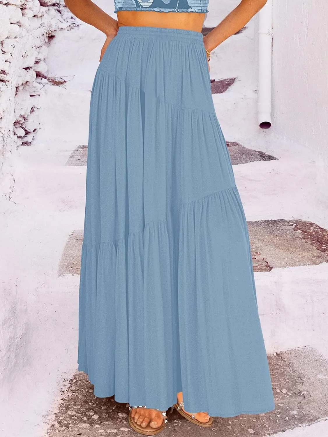 ANRABESS Womens Boho Elastic High Waist Pleated A-Line Flowy Swing Asymmetric Tiered Maxi Long Skirt Dress with Pockets