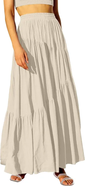 ANRABESS Womens Boho Elastic High Waist Pleated A-Line Flowy Swing Asymmetric Tiered Maxi Long Skirt Dress with Pockets