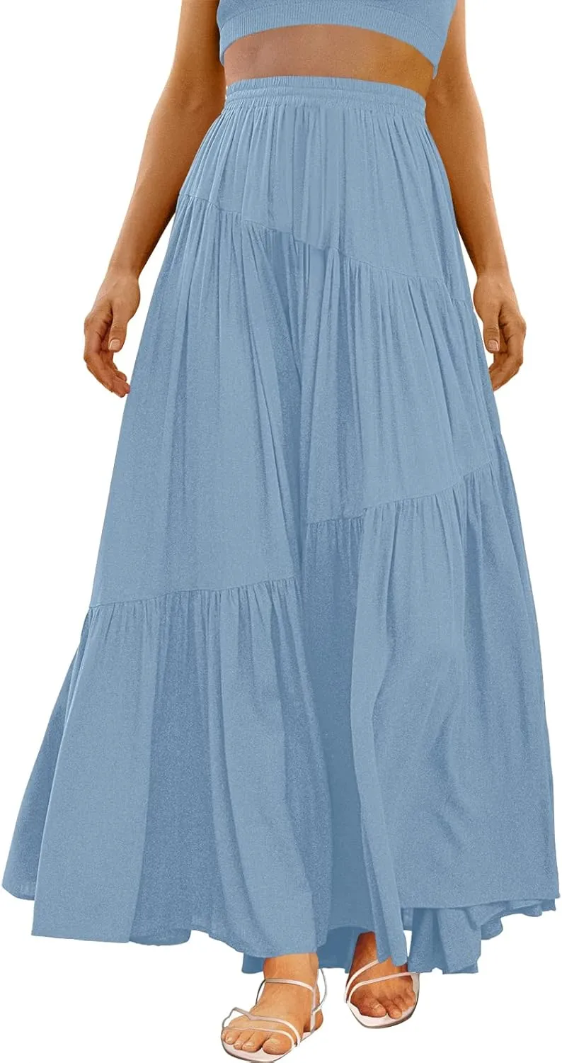 ANRABESS Womens Boho Elastic High Waist Pleated A-Line Flowy Swing Asymmetric Tiered Maxi Long Skirt Dress with Pockets
