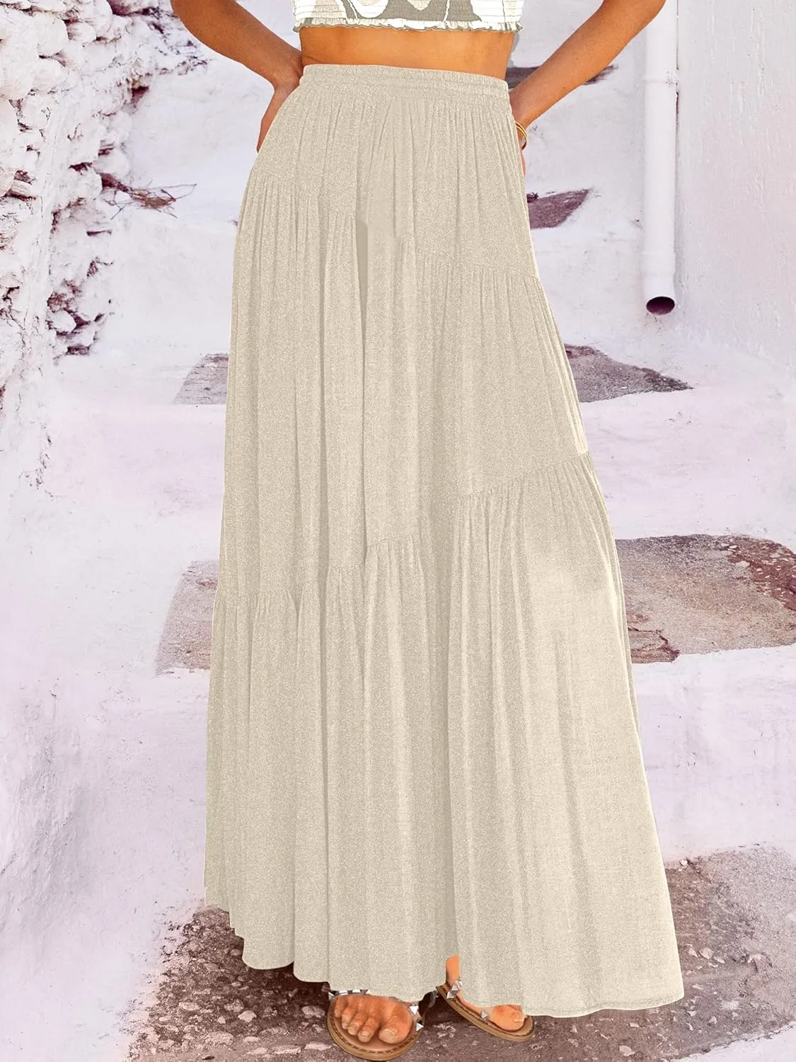 ANRABESS Womens Boho Elastic High Waist Pleated A-Line Flowy Swing Asymmetric Tiered Maxi Long Skirt Dress with Pockets
