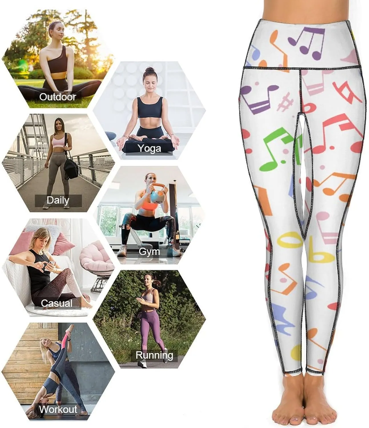 Athletic High Waist Yoga Pants Women's Workout Leggings with Pockets Exercise Tights White Music Notes Sports Trousers