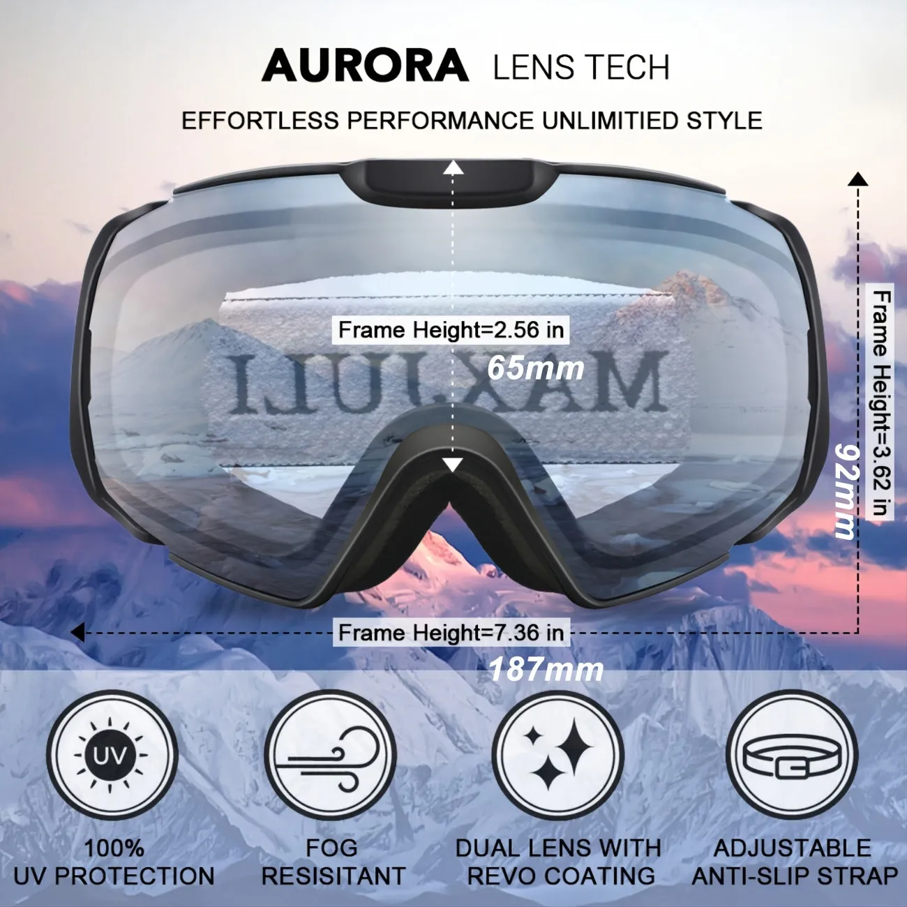 Aurora M4 OTG Ski Goggles - Anti-Fog Double Layer Snow Goggles for Men and Women - Warm Heart Christmas Gift, Excellent Optical Clarity, Comfortable Fit, and Durable Design