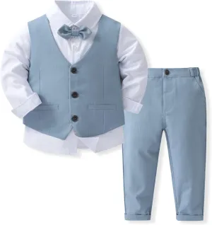 Baby Boys Gentleman Formal Suit Set with Vest, Pant, Shirt, and Bow Tie, Weding 4Pcs Outfit