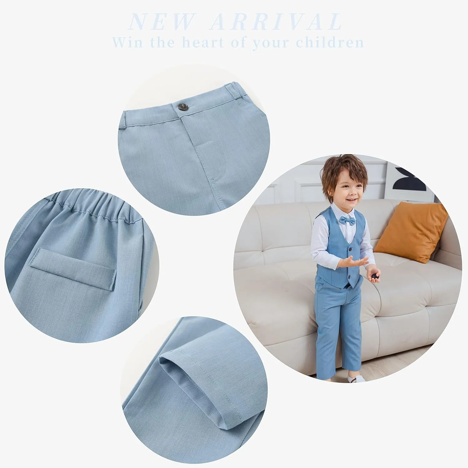 Baby Boys Gentleman Formal Suit Set with Vest, Pant, Shirt, and Bow Tie, Weding 4Pcs Outfit
