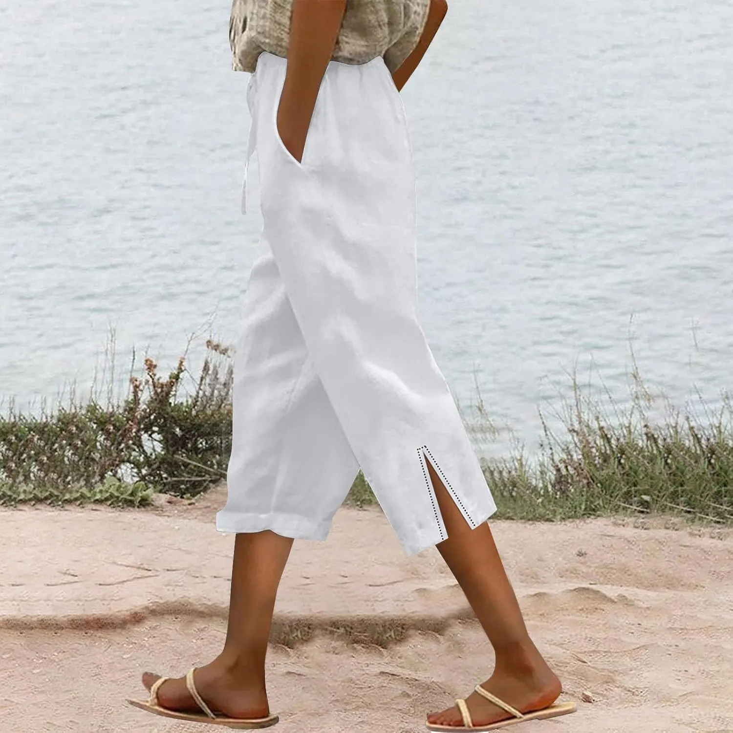 Baggy Linen Pants Women Summer Boho Lightweight High Waist Palazzo Pant Loose Comfy Straight Leg Pants with Pockets