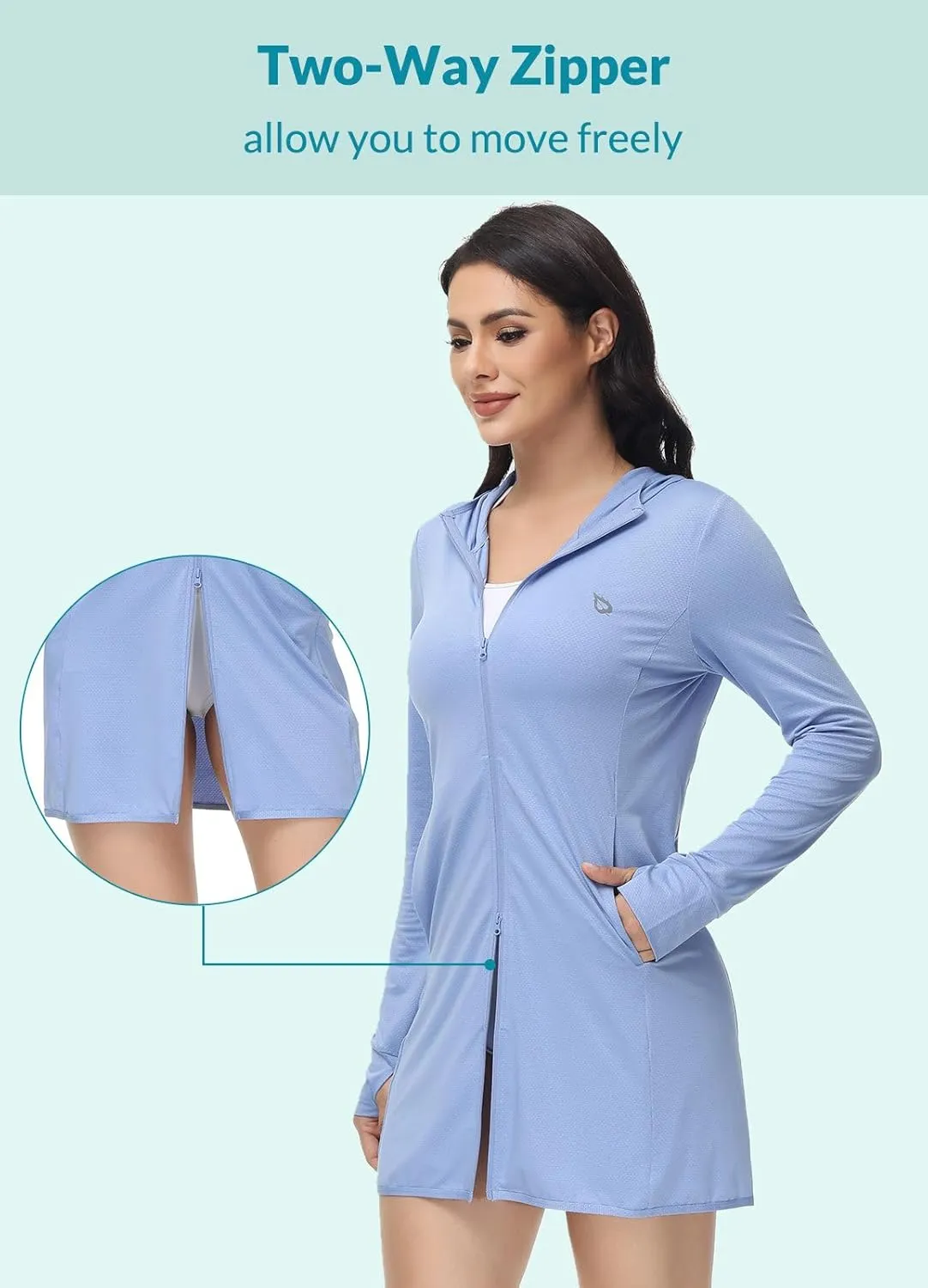 baleaf Women's Long Sleeve Zip Beach Coverup UPF 50  Sun Protection Hooded Cover Up Shirt Dress with Pockets