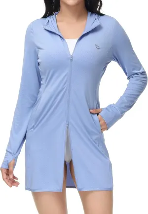 baleaf Women's Long Sleeve Zip Beach Coverup UPF 50  Sun Protection Hooded Cover Up Shirt Dress with Pockets