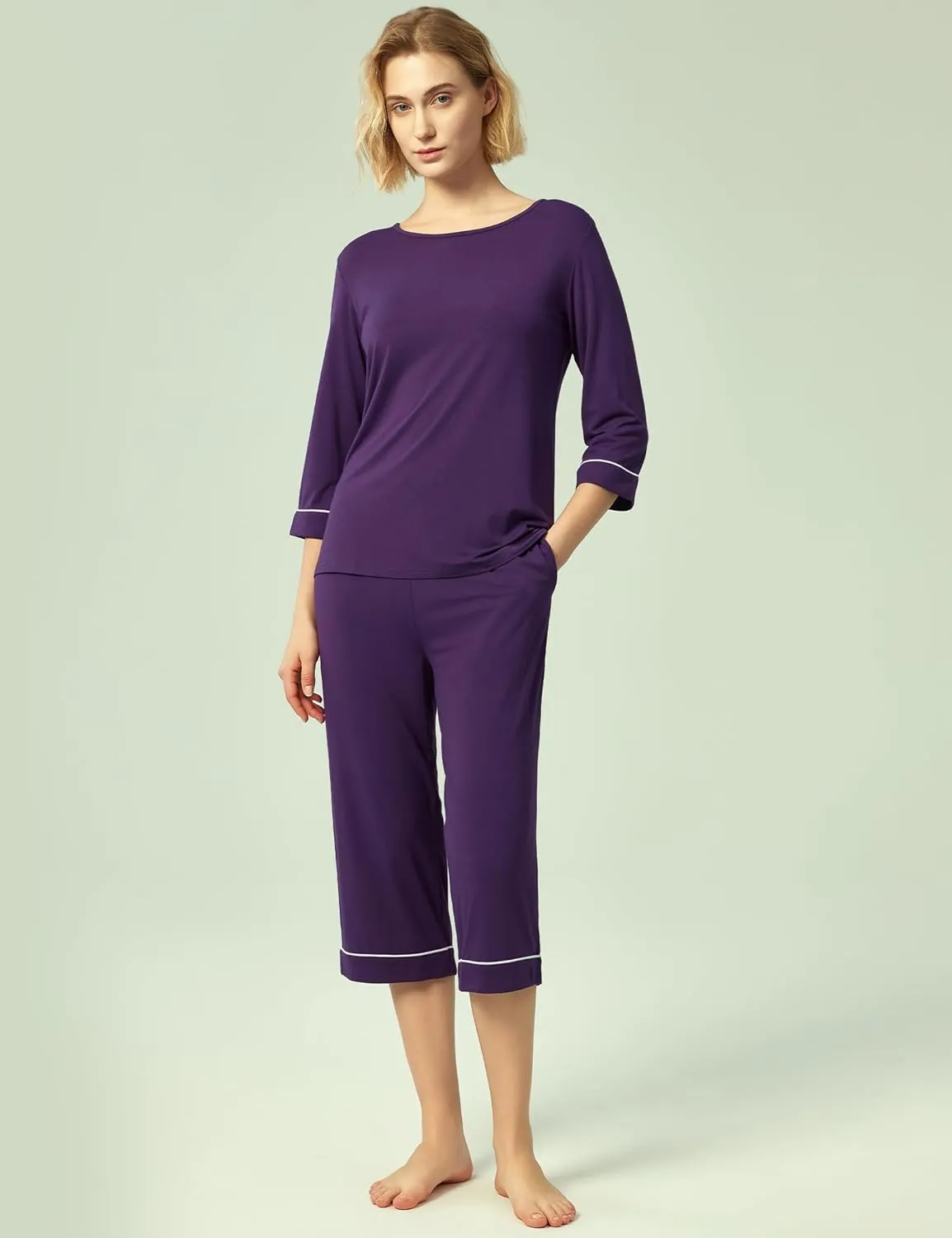 Bamboo Viscose Women's Pajama Sets 3/4 Sleeve Top and Capri Pants 2 Piece Sleep Set