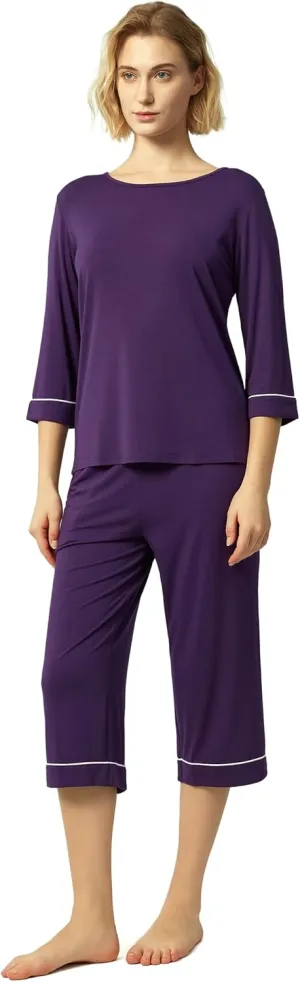 Bamboo Viscose Women's Pajama Sets 3/4 Sleeve Top and Capri Pants 2 Piece Sleep Set