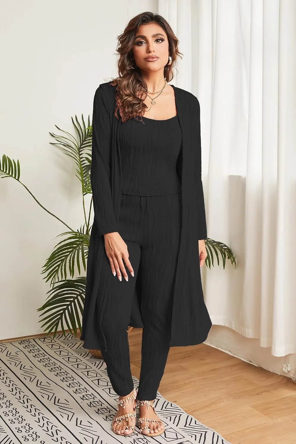 Batehif Womens Lounge Set 3 Piece Pajama Sets Crop Tank Legging Pants with Long Cardigan Loungewear Outfits