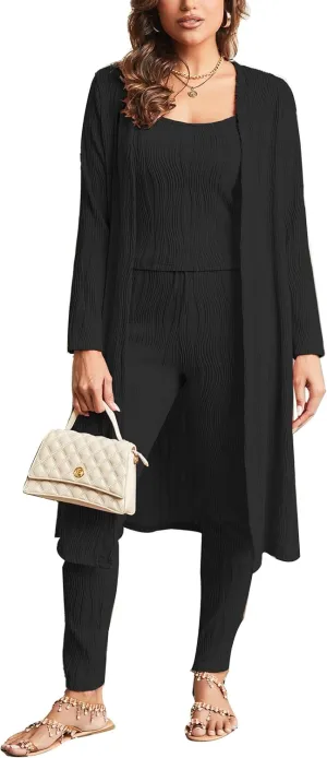 Batehif Womens Lounge Set 3 Piece Pajama Sets Crop Tank Legging Pants with Long Cardigan Loungewear Outfits