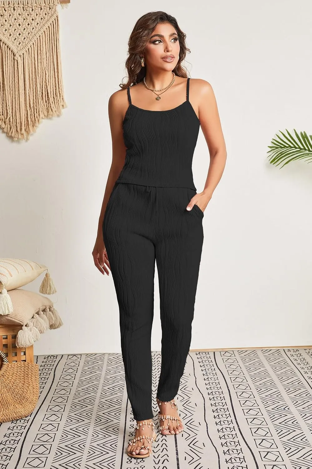 Batehif Womens Lounge Set 3 Piece Pajama Sets Crop Tank Legging Pants with Long Cardigan Loungewear Outfits