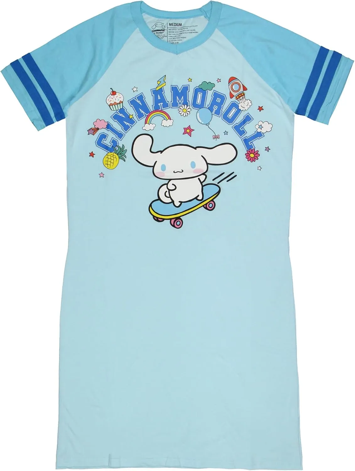 Bioworld Sanrio Hello Kitty and Friends Women's Varsity Pajama Sleep Shirt V-Neck Raglan Nightgown