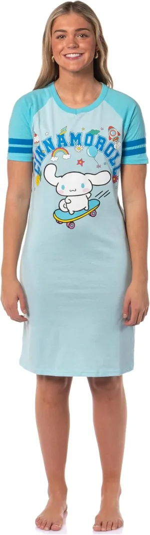 Bioworld Sanrio Hello Kitty and Friends Women's Varsity Pajama Sleep Shirt V-Neck Raglan Nightgown