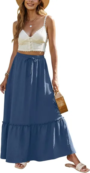 Bluetime Women Flowy Long Skirt Summer Pleated Elastic High Waisted Casual Tiered Maxi Skirt
