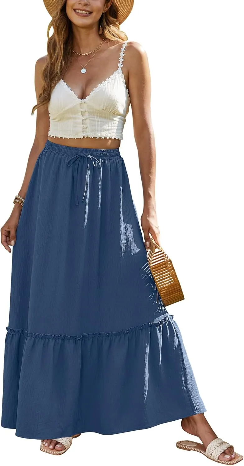 Bluetime Women Flowy Long Skirt Summer Pleated Elastic High Waisted Casual Tiered Maxi Skirt