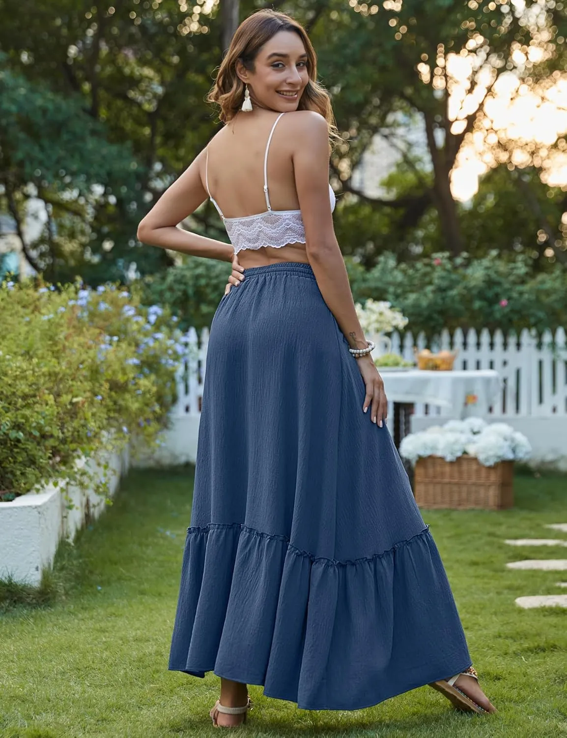 Bluetime Women Flowy Long Skirt Summer Pleated Elastic High Waisted Casual Tiered Maxi Skirt