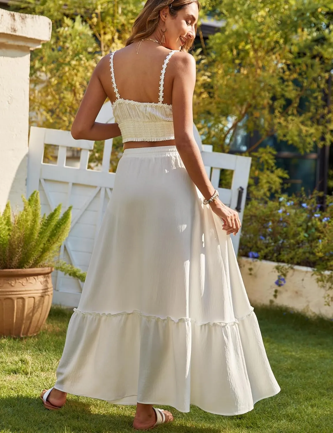 Bluetime Women Flowy Long Skirt Summer Pleated Elastic High Waisted Casual Tiered Maxi Skirt