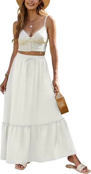 Bluetime Women Flowy Long Skirt Summer Pleated Elastic High Waisted Casual Tiered Maxi Skirt