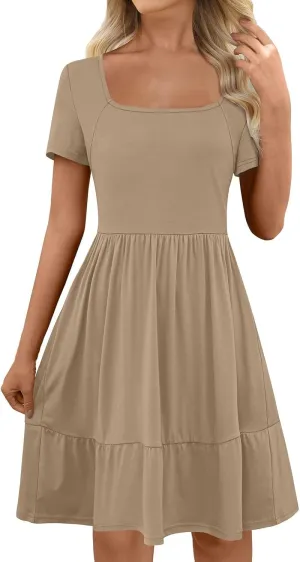 Borniu Women Summer Casual Dress Short Sleeve Crewneck Swing Mini Tshirt Dresses 2025 Vacation Beach Pleated Short Sundress