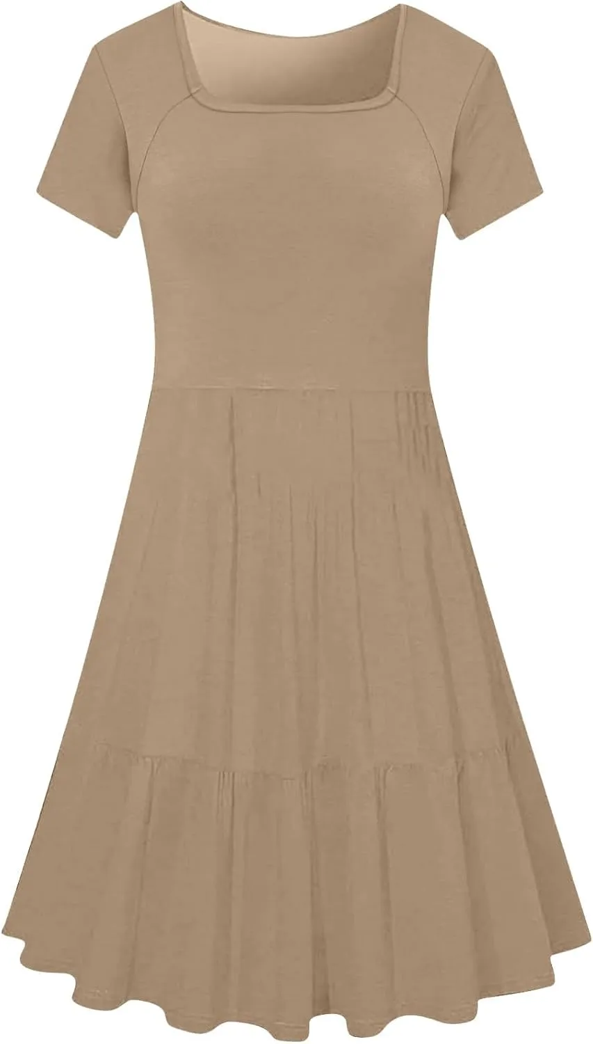 Borniu Women Summer Casual Dress Short Sleeve Crewneck Swing Mini Tshirt Dresses 2025 Vacation Beach Pleated Short Sundress